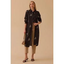 Seçil Kadın Çizgili Işlemeli Motif Detaylı Uzun Tunik 1048 Siyah