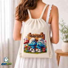 Ghostbastır Design Kişiye Özel Şirinler Büzgülü Keten Çanta C161