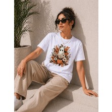 Tarz Yeri Kadın Balkabağı Hayalet Baskılı Tişört Kısa Kol Yazlık T-Shirt - Beyaz