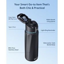 Waterh Boost Yalıtımlı Paslanmaz Çelik Akıllı Su Şişesi, 32 Oz Bluetooth Akıllı Izleyici ve Içecek Hatırlatma (Siyah)