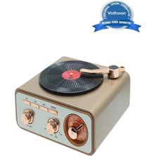 ALK Metalik Nostaljik Tasarım Plak Çalar Görünümlü Radyolu Bluetooth Hoparlör Retro Müzik Plak