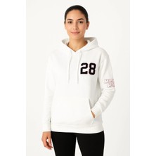 Tarz Yeri Kadın Kapüşonlu Kanguru Cepli Sweatshirt 3 Iplik Pamuklu Baskılı Hoodie - Beyaz