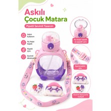 Güzelyüz Avm Mor Renk Askılı Pipetli Çocuk Matarası Aç-Kapa Kapaklı Ayarlanabilir Askılı Sevimli Aksesuarlı Suluk Su Şişesi