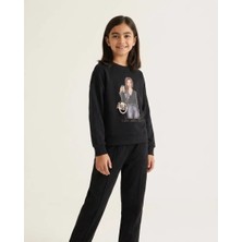 Siyah – Kız Baskılı Taş Detaylı Kız Sweat