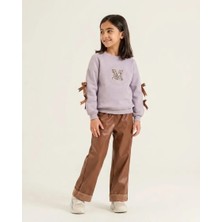 Kız Çocuk Lila 3 Iplik Sweatshirt ve Deri Pantolon Takım