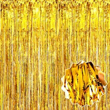 Die Grup Altın Gold Renk Ekstra Metalize Parlak Saçaklı Arka Fon Perde Ithal 1x2 Metre