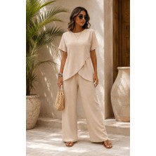 Lune Store Kadın Kısa Kollu Bisiklet Yaka Asimetrik Kesim Detaylı Bürümcük Bluz ve Pantolon Ikili Takım