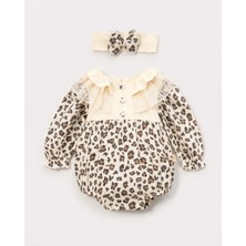 Krem – Leopar Desenli Kız Bebe Romper