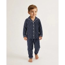 Erkek Bebek Lacivert Çizgili Yakalı Düğmeli Pijama Takımı