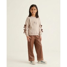 Kız Çocuk Bej Sweatshirt ve Deri Pantolonlu Ikili Takım