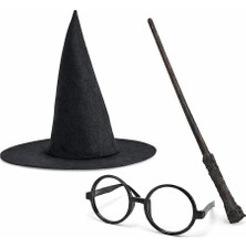 Die Grup Harry Potter Tarzı Çocuk Seti - Siyah Keçe Şapka, Asa, Gözlük