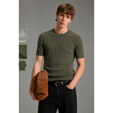Tarz Cool Erkek Çizgili Triko Tişört Bisiklet Yaka Slim Fit Kısa Kollu