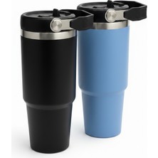 900 ml Mavi ve Siyah 2'li Termos Takımı - 304 Paslanmaz Çelik Termos - Pipetli ve Kapaklı Mug