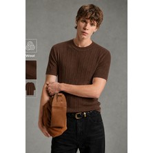 Tarz Cool Erkek Çizgili Triko Tişört Bisiklet Yaka Slim Fit Kısa Kollu