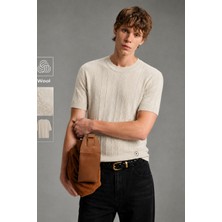 Tarz Cool Erkek Çizgili Triko Tişört Bisiklet Yaka Slim Fit Kısa Kollu