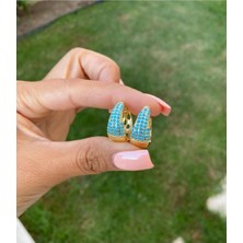 Bade Jewelry Fd Gold Mavi Taş Detaylı Damla Tasarım Kararmaz Çelik Şık Halka Küpe