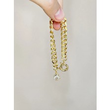 Bade Jewelry Fd 14K Gold Gemici Klipsli Gurmet Model Damla Taşlı Kararmaz Çelik Şık Bileklik 17CM