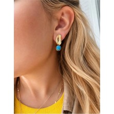 Bade Jewelry Fd Gold Dokulu Plaka & Mavi Taş Detaylı Kararmaz Çelik Şık Küpe