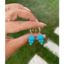 Bade Jewelry Fd Gold Parlak Mavi Taş Detaylı Sarkıt Tasarım Kararmaz Çelik Şık Küpe