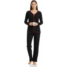 Premium Kadın 4’lü Fitilli Set – Siyah Kırmızı Biyeli (Pijama Üst, Pantolon, Bikini Takımı)