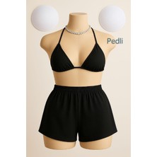 Kadın Siyah Şortlu Belden ve Boyundan Bağlamalı Bikini Takımı
