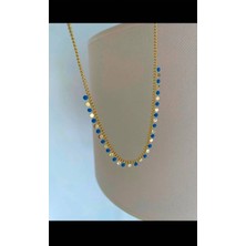 Bade Jewelry Fd 14K Gold ve Mavi Pul Detaylı Modern Kararmaz Çelik Şık Kolye 50+5 cm