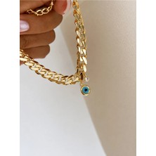 Bade Jewelry Fd 14K Gold Gurmet Tasarım Nazar Boncuğu ve Minik Taş Detaylı Kararmaz Çelik Şık Bileklik 17+3cm