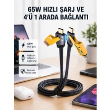 Marsilyan Usb-C Usb-A 4’ü 1 Arada Örgülü Kablo 65W Hızlı Şarj Metal Uç Dayanıklı