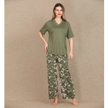 Şık Tasarım Çiçek Desenli Yeşil Kısa Kol Viskon Pijama Takımı
