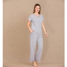 Viskon Şık Tasarım Dantel Işlemeli Gri Kısa Kol Pijama Takımı