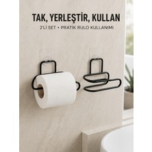 2’li Duvara Yapışkanlı Tuvalet Kağıtlığı Siyah Metal Pratik Rulo Tutucu - Lisinya