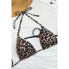 Kadın Leopar Desenli ve Siyah Minimal Kesim Üçgen Bikini Üstü