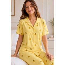Sarı Limon Desenli Kısa Kollu Gömlek Yaka Milan Kumaş Kadın Pijama Takımı