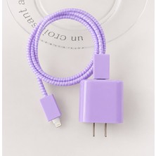 Aksesuarda Apple iPhone 18W 20W Uyumlu Şarj Adaptörü Başlık ve Kablo Koruyucu Silikon Kılıf Tam Koruma Seti Lila
