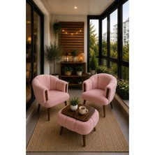 Dekozum Vera Comfort Çay Seti ve Peluş Ikili Berjer & Puf Takımı - 3'lü Set Gül Kurusu