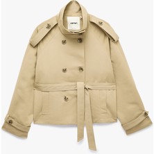 Koton Gabardin Kemerli Cepli Dik Yaka Reglan Kollu Kruvaze Trençkot