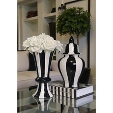 Vera Home Decor Annoville Seramik El Boyaması Çizgi Desenli Vazo Beyaz - Siyah 25 cm Şah Küp