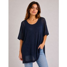 Neden Tekstil Lacivert Rahat Kesim Transparan Triko Bluz