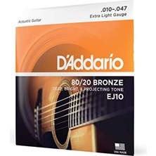 Brf Store Oreviosell D'addario EJ10 Akustik Gitar Tel Seti, 80/20 Bronze, Extra Light