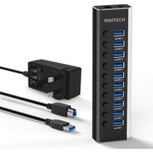 Brf Store Oreviosell Powered USB 3.0 Hub Rshtech Alüminyum 10 Portlu USB 3.0 Veri Hub, 12V/3A (36W) Güç Adaptö