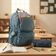 Duomino Krinkıl Suya Dayanıklı Büyük Boy Mavi Klinkır Sırt Çantası 15,6 Laptop Okul Çantası Kalemlik Takım Çanta