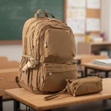 Duomino Krinkıl Suya Dayanıklı Büyük Boy Taba Klinkır Sırt Çantası 15,6 Laptop Okul Çantası Kalemlik Takım Çanta