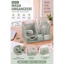 ArtMaster Yeşil Masaüstü Metal Kalemlik Seti 7 Bölmeli Fileli Masa Üstü Düzenleyici Küp Notluk Ataşlık Çekmeceli Perfore Büro