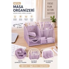 ArtMaster Lila Masaüstü Metal Kalemlik Seti 7 Bölmeli Fileli Masa Üstü Düzenleyici Küp Notluk Ataşlık Çekmeceli Perfore Büro