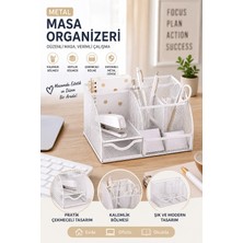 ArtMaster Beyaz Masaüstü Metal Kalemlik Seti 7 Bölmeli Fileli Masa Üstü Düzenleyici Küp Notluk Ataşlık Çekmeceli Perfore Büro