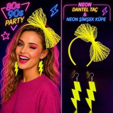 Evimdeyokyok Neon Sarı Dantel Taç ve Şimşek Küpe 8039LER 9039LAR Parti Seti