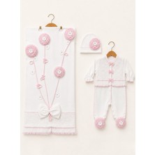 Kardeşler Bebe Çiçek Işlemeli Kız Bebek Battaniye Tulum 3’lü Set