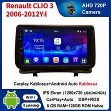 SBAID Renault CLIO 3 2006-2012 Yıl Uyumlu 8GB Ram 128GB Rom Hafıza Android Kablosuz Carplay Navigasyon Multimedya 9 Inç Ekran Hediye Görüş Kamerası Hediye Çerçevesi