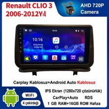 SBAID Renault CLIO 3 2006-2012 Yıl Uyumlu 1GB Ram 16GB Rom Hafıza Android Kablosuz Carplay Navigasyon Multimedya 9 Inç Ekran Hediye Görüş Kamerası Hediye Çerçevesi