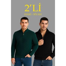 Velmora Fashion Erkek Fitilli Triko Kazak 2 Li Set Siyah Haki Kalın Dokuma Pamuklu Regular Fit V Yaka
